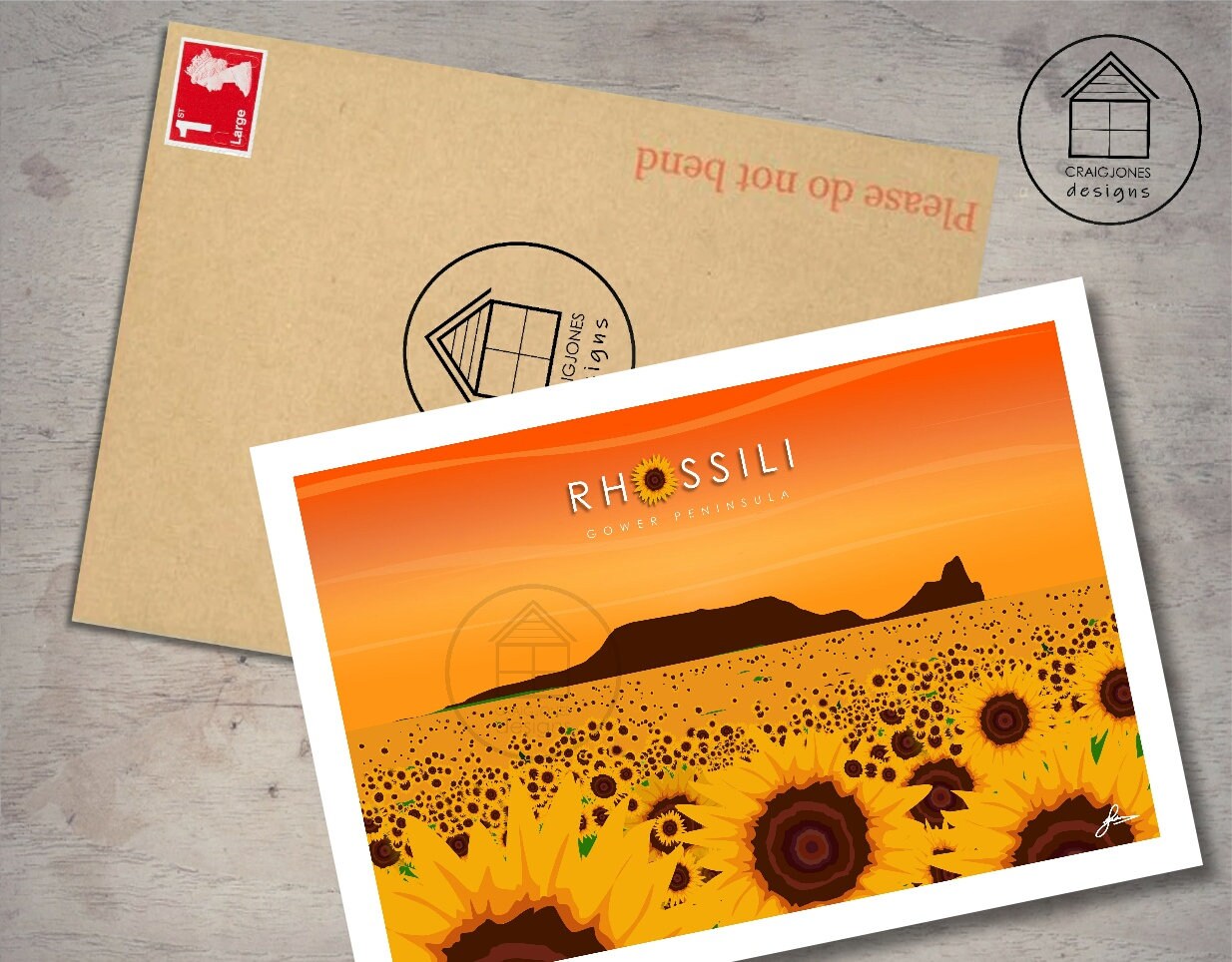 Rhossili Sunflowers landscape, Gower Peninsula Print, Gloss Card, Unframed