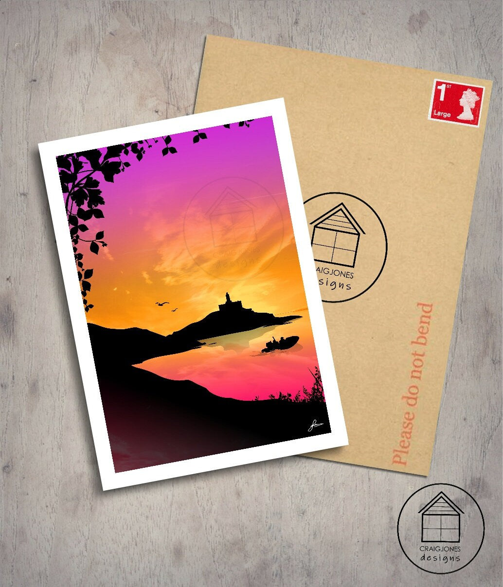 Mumbles lighthouse with the lifeboat D Class, Gower Peninsula Print, Gloss Card, Unframed
