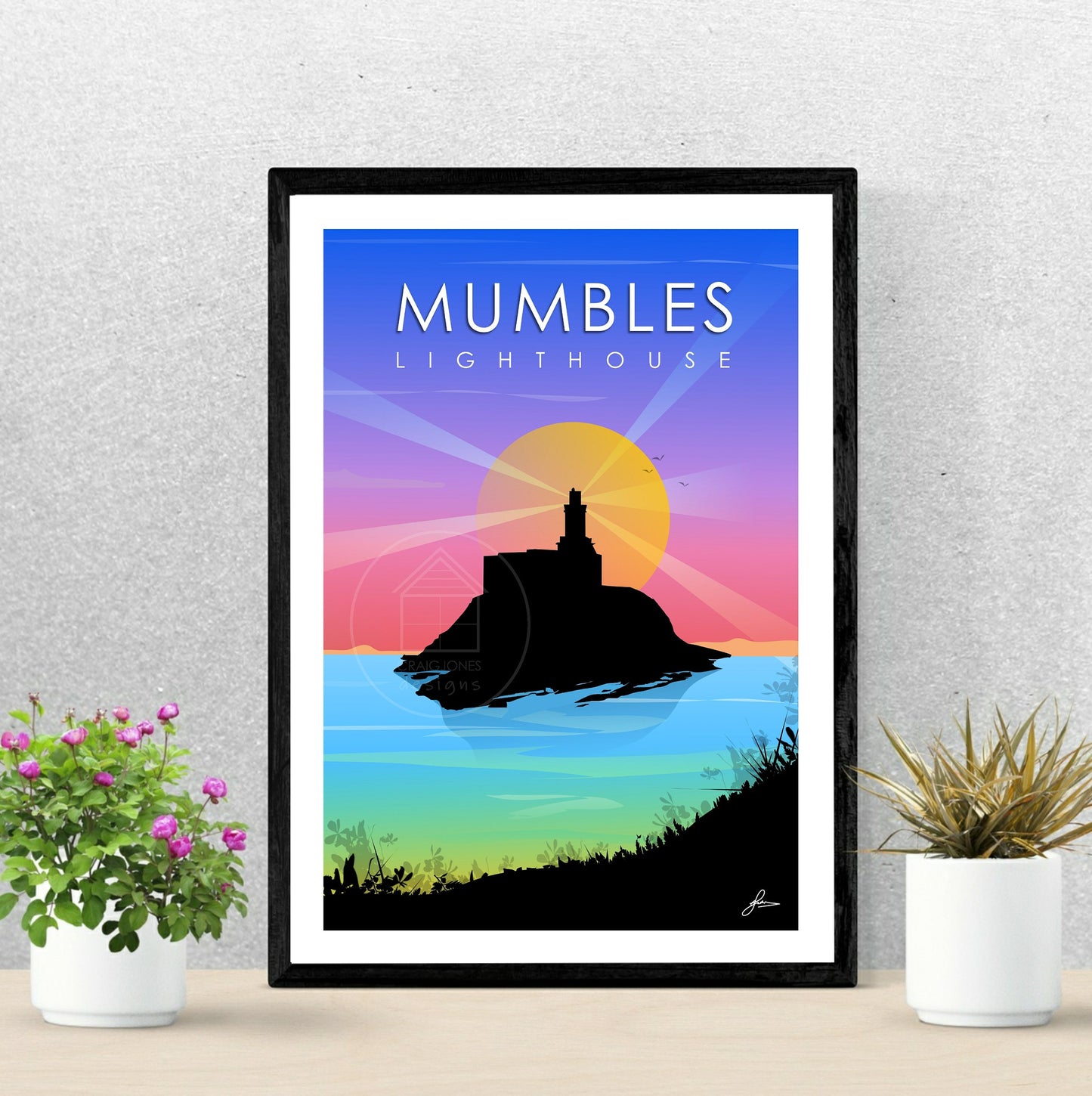 Mumbles Lighthouse light beams, Gower Peninsula Print, Gloss Card, Unframed