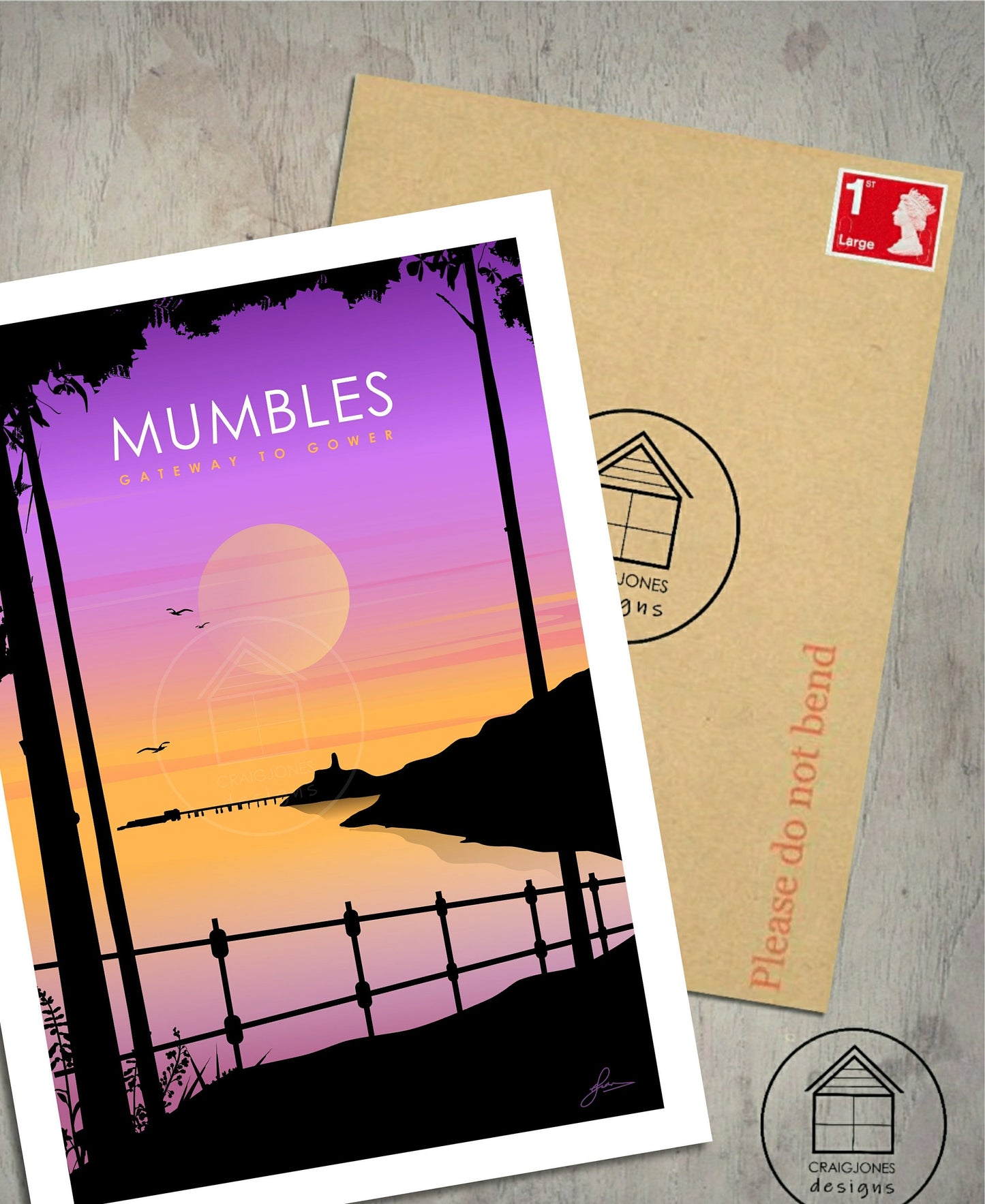 Mumbles Purple skies Print, Gower Peninsula, Gloss Card Unframed