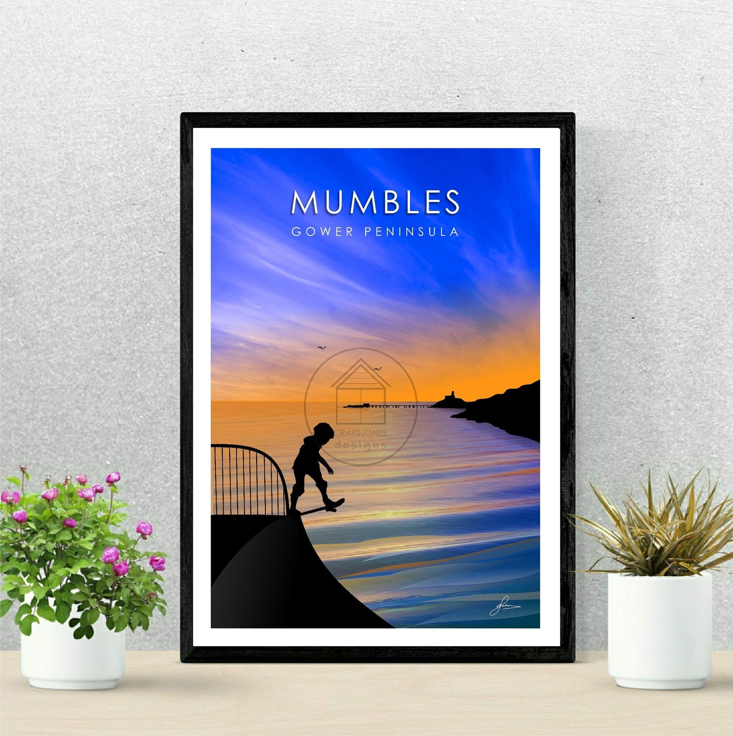 Mumbles skateboarder, Gower Peninsula Print, Gloss Card, Unframed