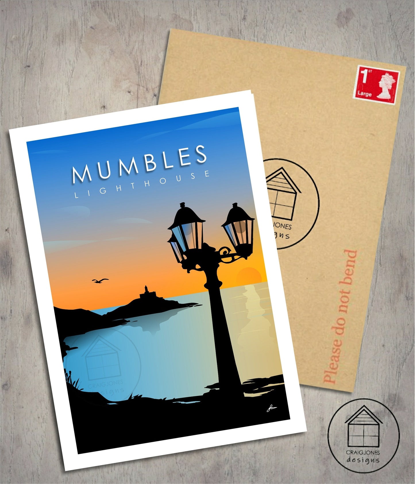 Mumbles Lighthouse Lamps, Gower Peninsula Print, Gloss Card, Unframed