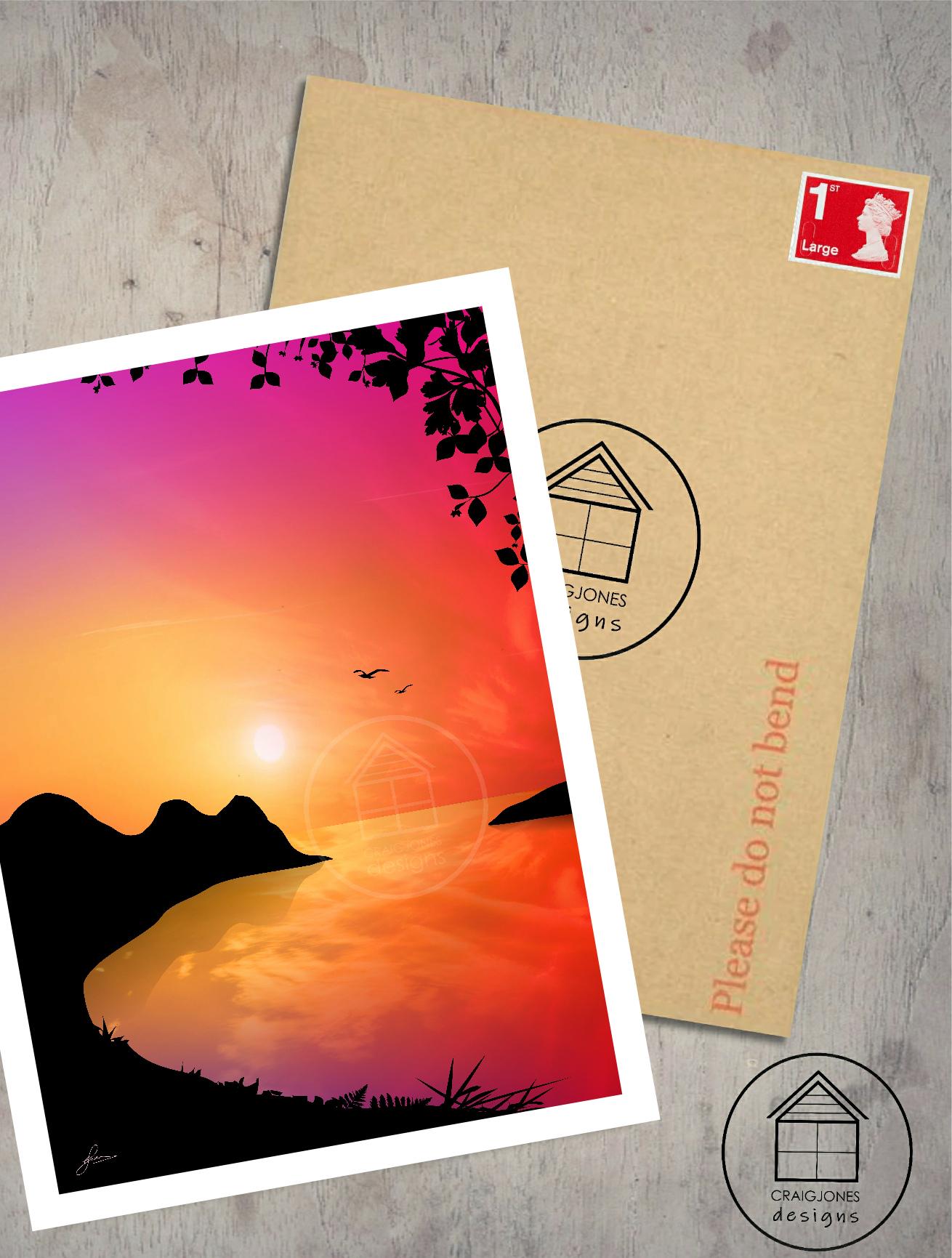 Three Cliffs Bay Red Sunrise Print, Gower Peninsula, Gloss Card, Unframed