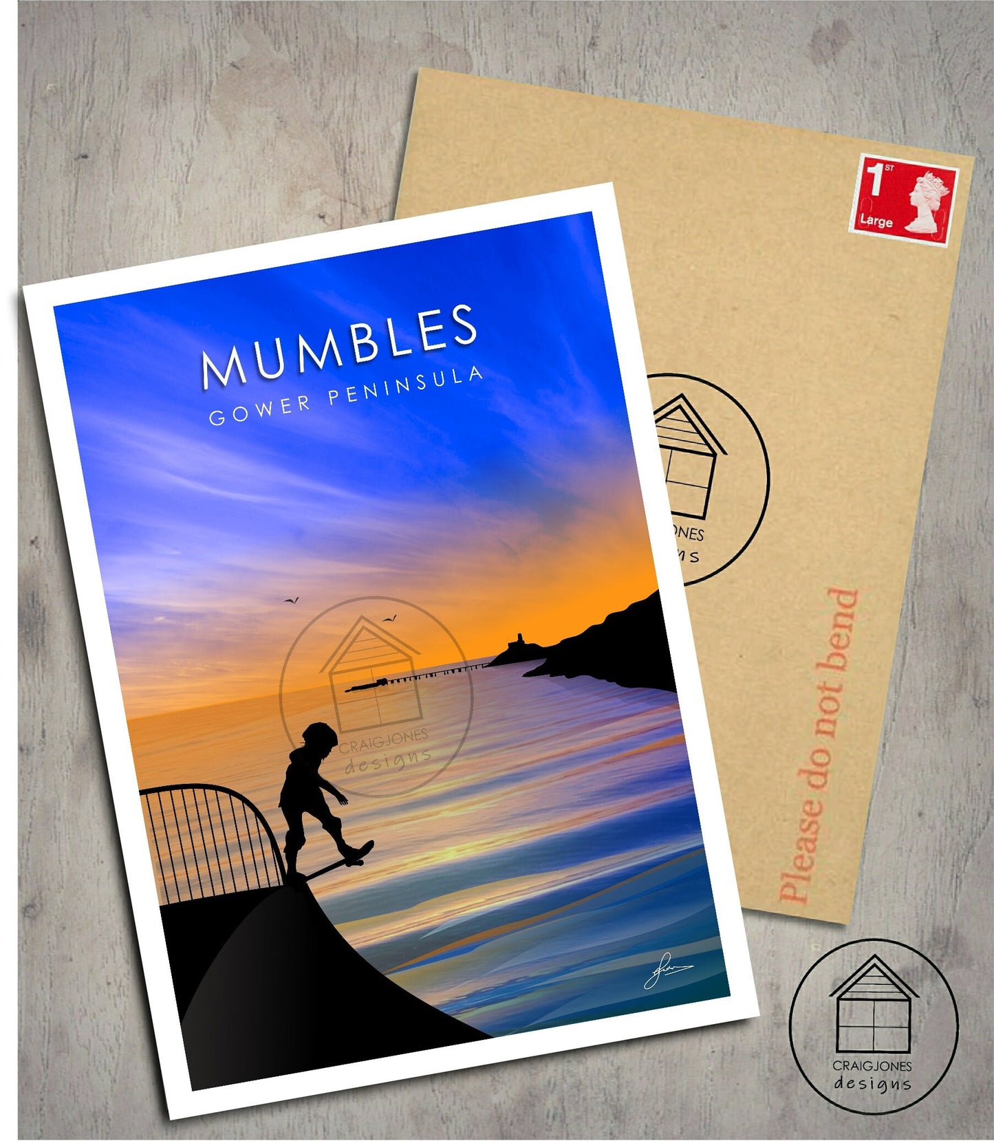 Mumbles skateboarder, Gower Peninsula Print, Gloss Card, Unframed