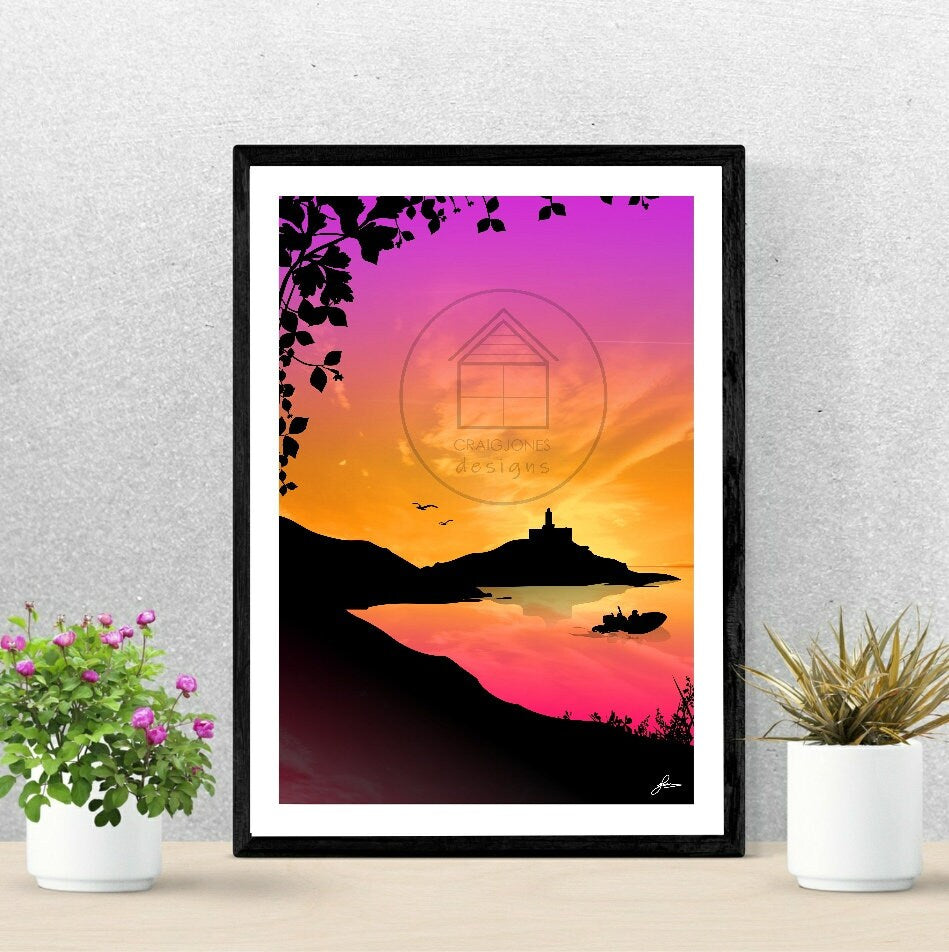 Mumbles lighthouse with the lifeboat D Class, Gower Peninsula Print, Gloss Card, Unframed