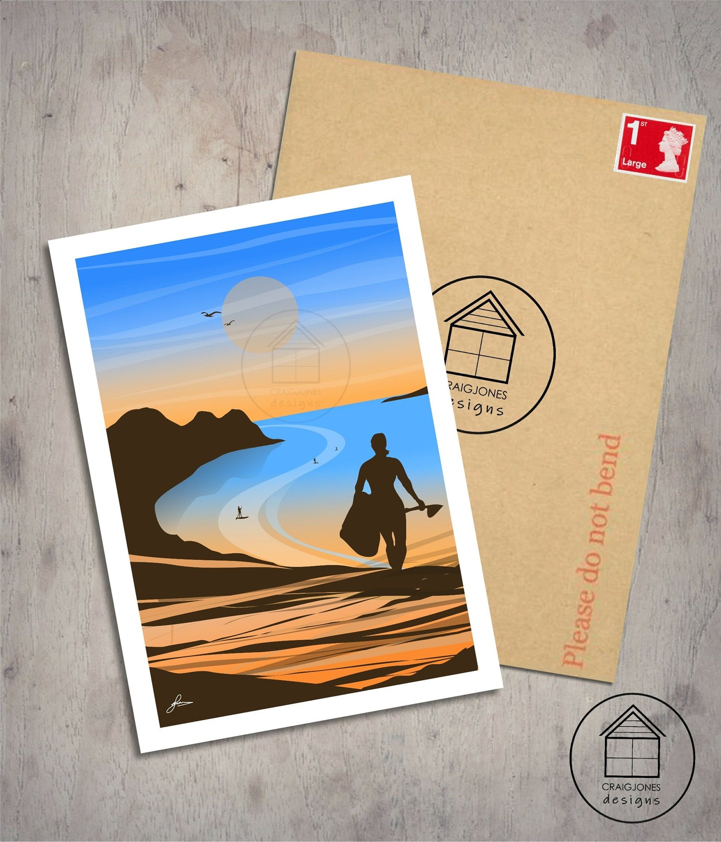 Three Cliffs Bay SUP, Gower Peninsula Print, Gloss Card, Unframed