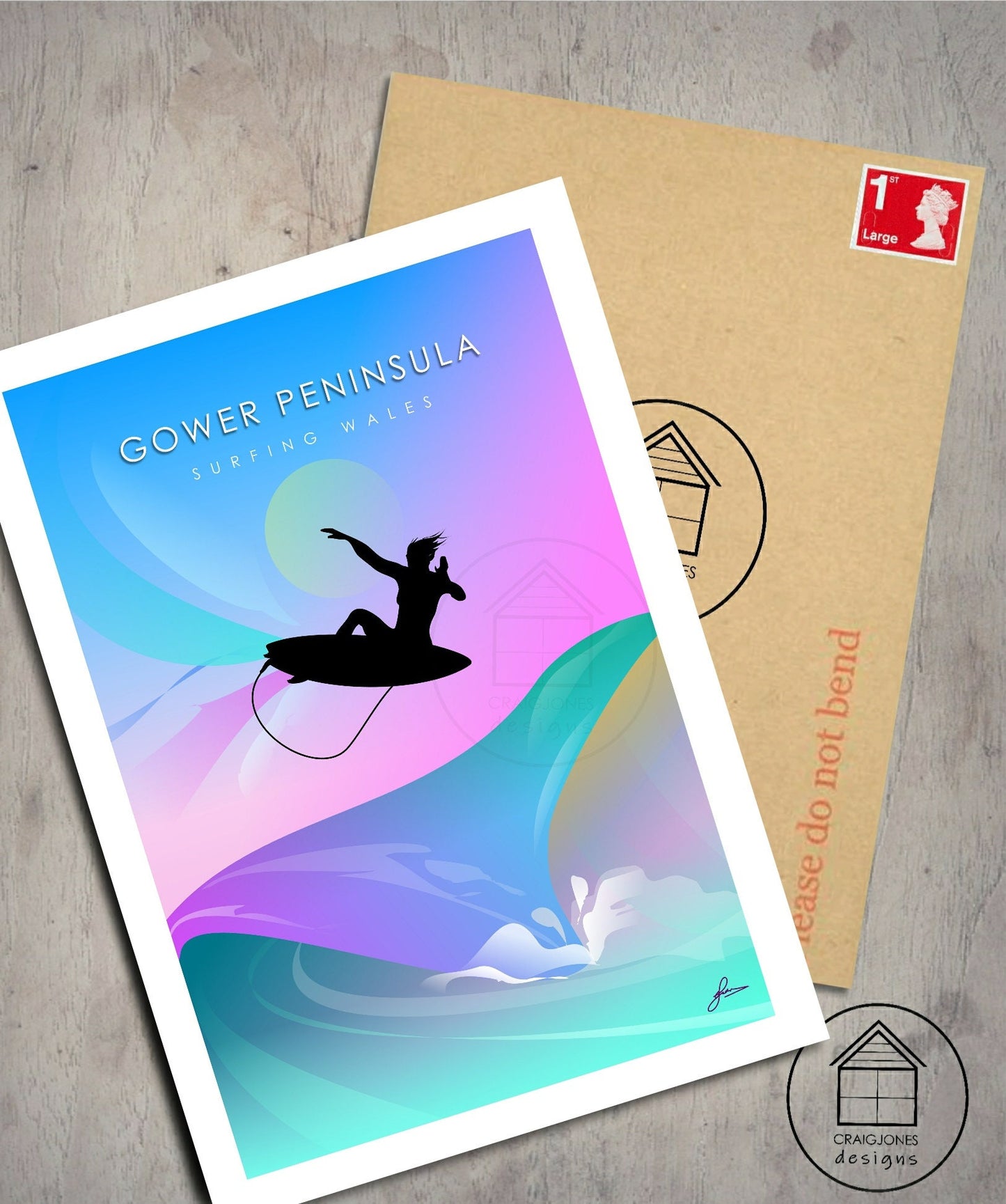 Gower Surfer female, Gower Peninsula, Wales Print, Gloss Card, Unframed