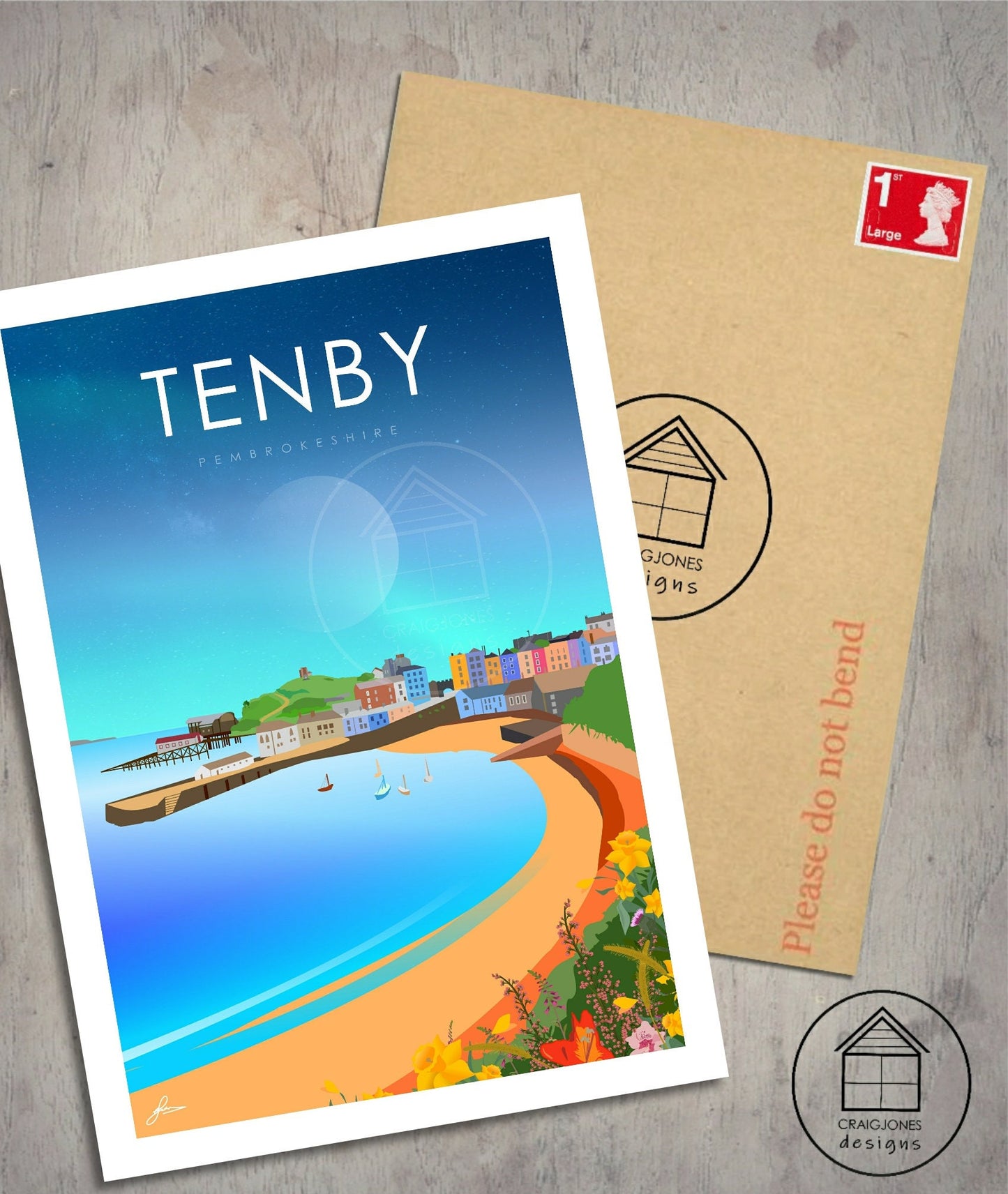 Tenby Night, Pembrokeshire, Gloss Card Print, Unframed.