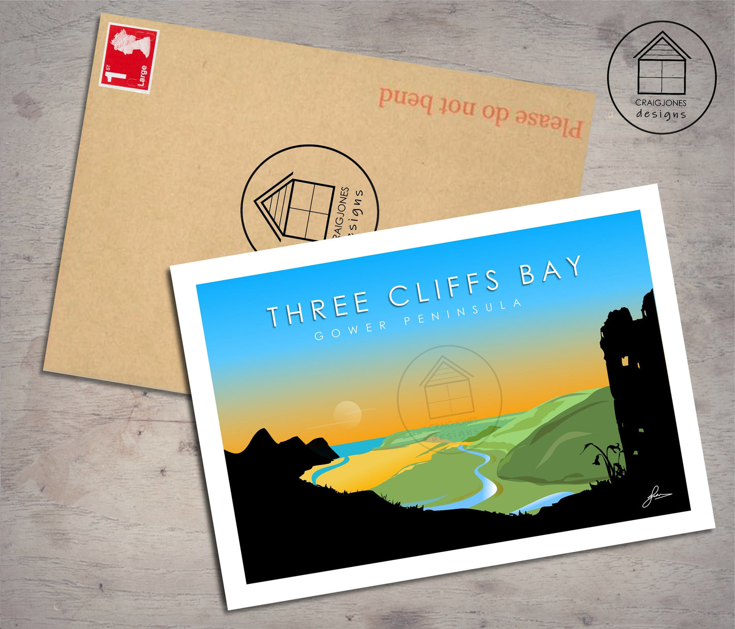 Three Cliffs Bay Sunset Landscape, Gower Peninsula Print, Gloss Card, Unframed