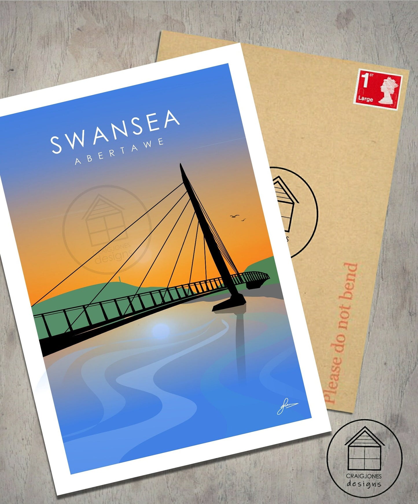 Swansea Sail Bridge Print, Abertawe, Gower Peninsula, Gloss Card Unframed