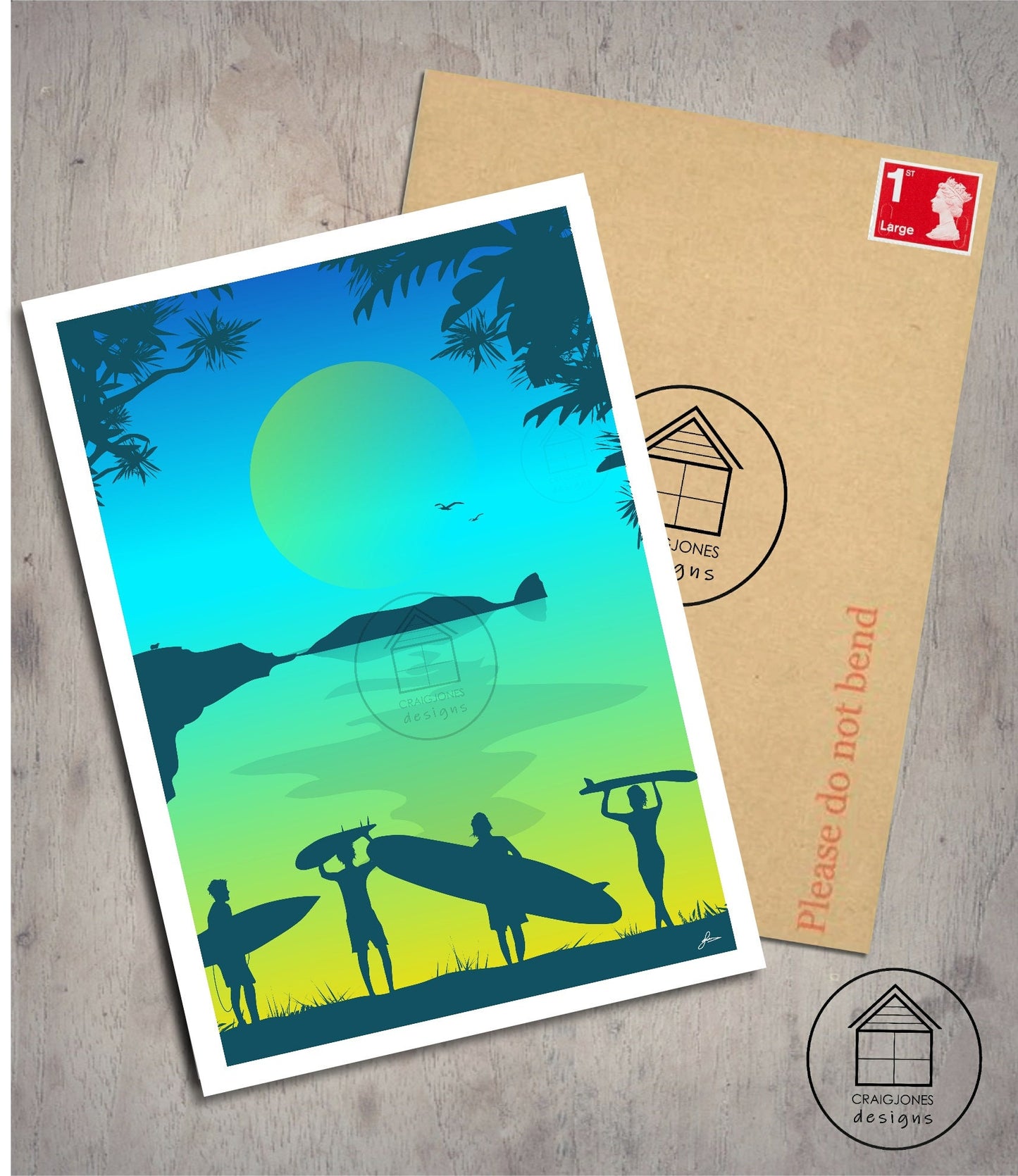 Worm’s Head Surfers Print, Gower Peninsula, Gloss Card, Unframed