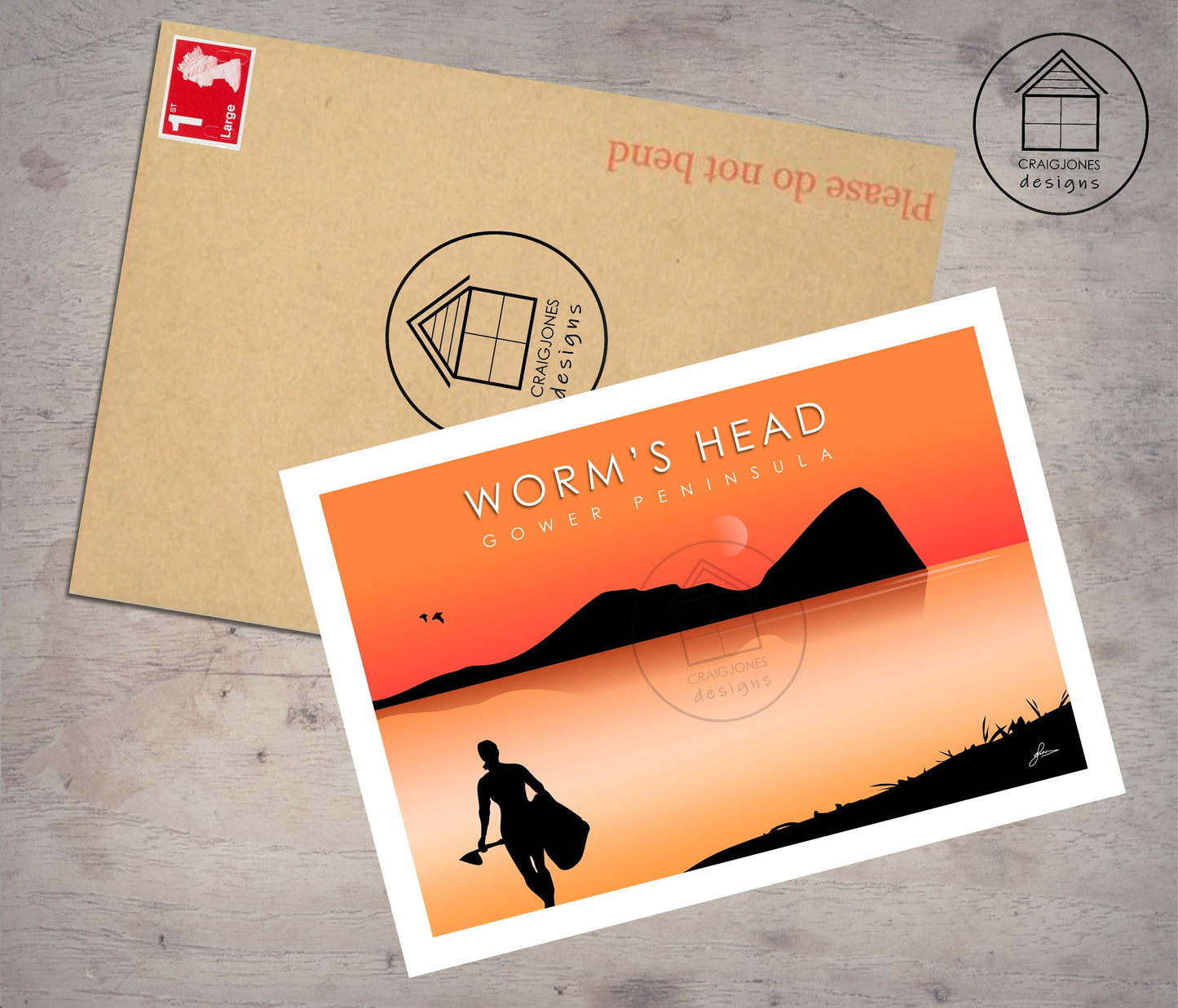 Worm’s Head Sunrise SUP, Gower Peninsula Print, Gloss Card, Unframed