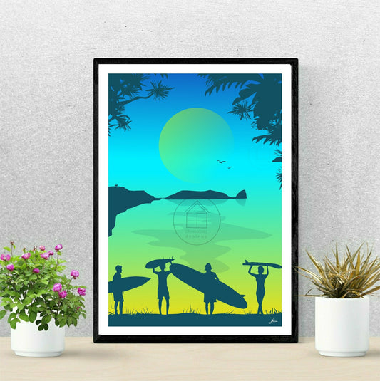 Worm’s Head Surfers Print, Gower Peninsula, Gloss Card, Unframed