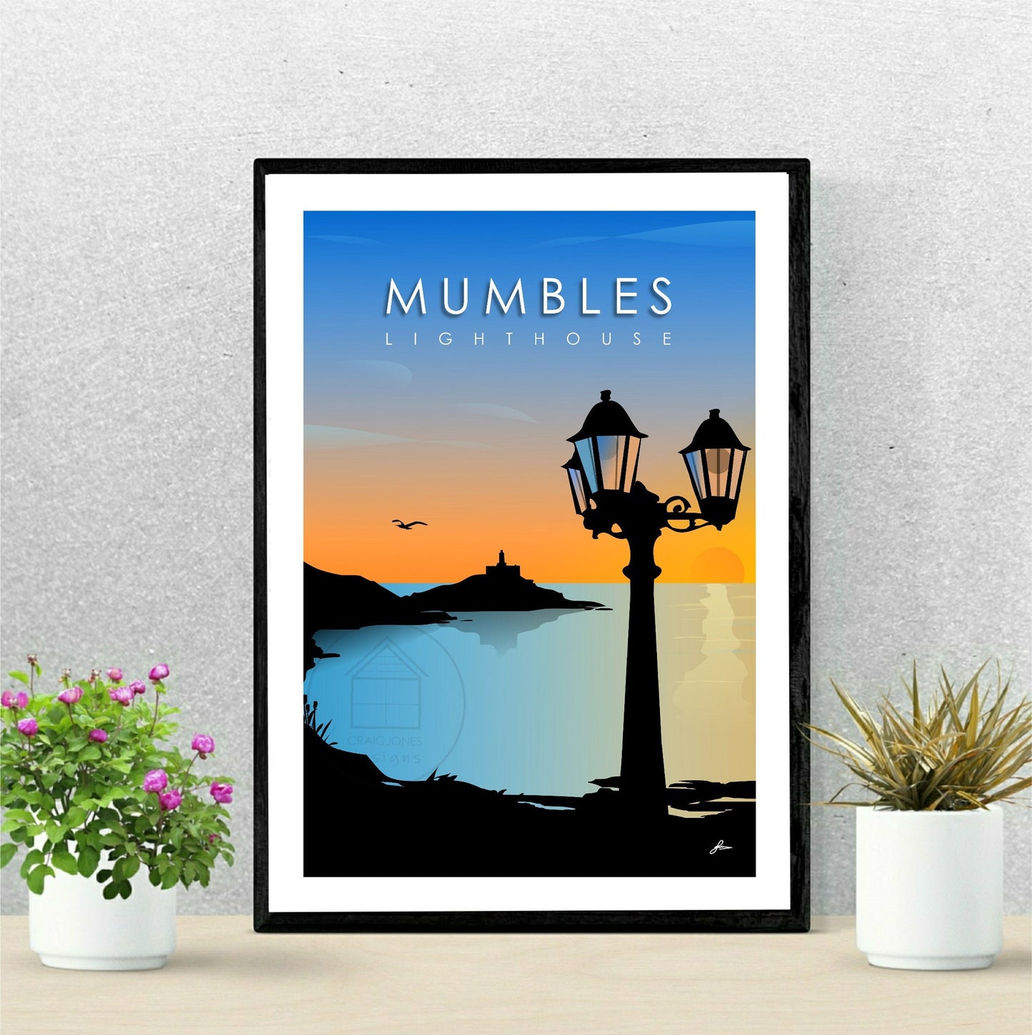 Mumbles Lighthouse Lamps, Gower Peninsula Print, Gloss Card, Unframed