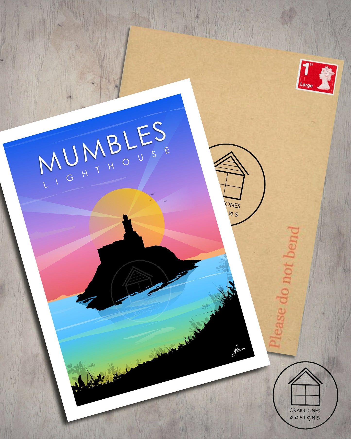 Mumbles Lighthouse light beams, Gower Peninsula Print, Gloss Card, Unframed