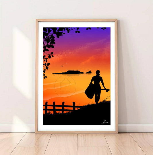 Rhossili Surfer, Gower Peninsula Print, Gloss Card, Unframed