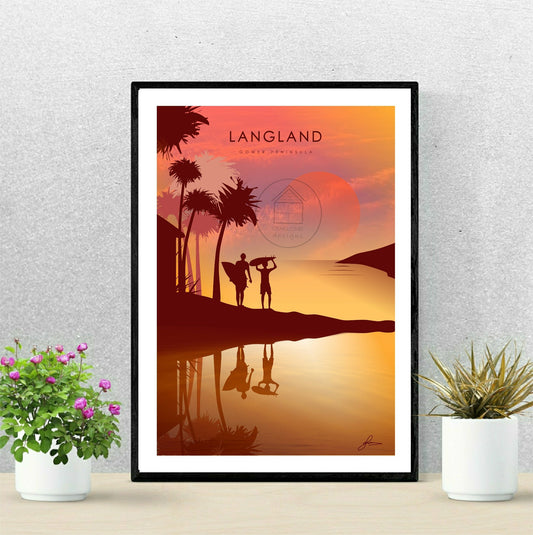 Langland Bay Surfers Print, Gower Peninsula, Gloss Card Unframed