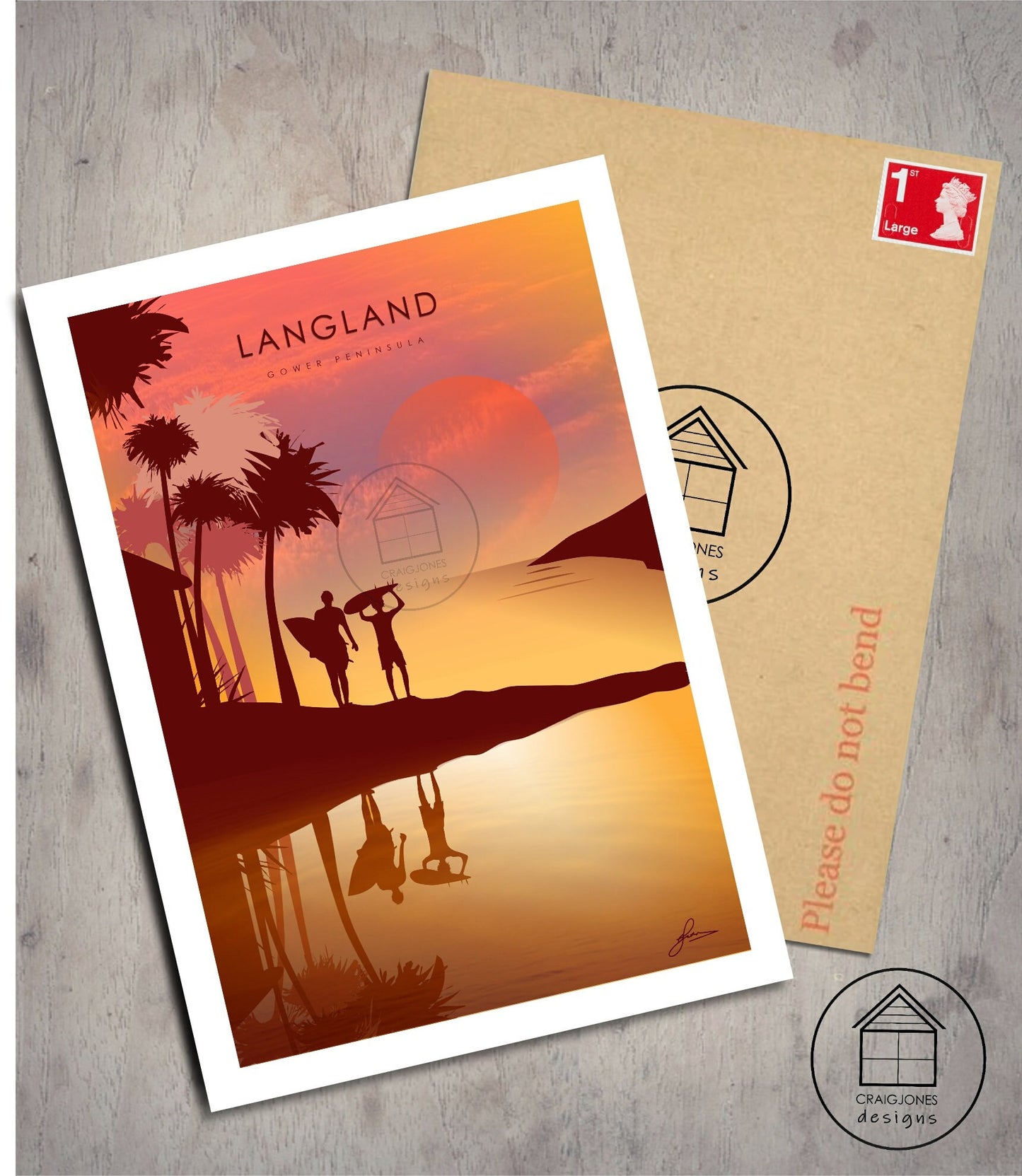 Langland Bay Surfers Print, Gower Peninsula, Gloss Card Unframed