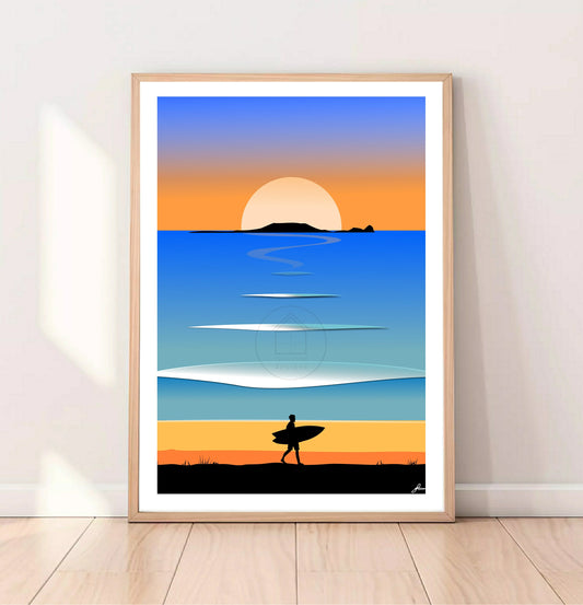 Rhossili Sunset Surfer, Gower Peninsula Print, Gloss Card, Unframed