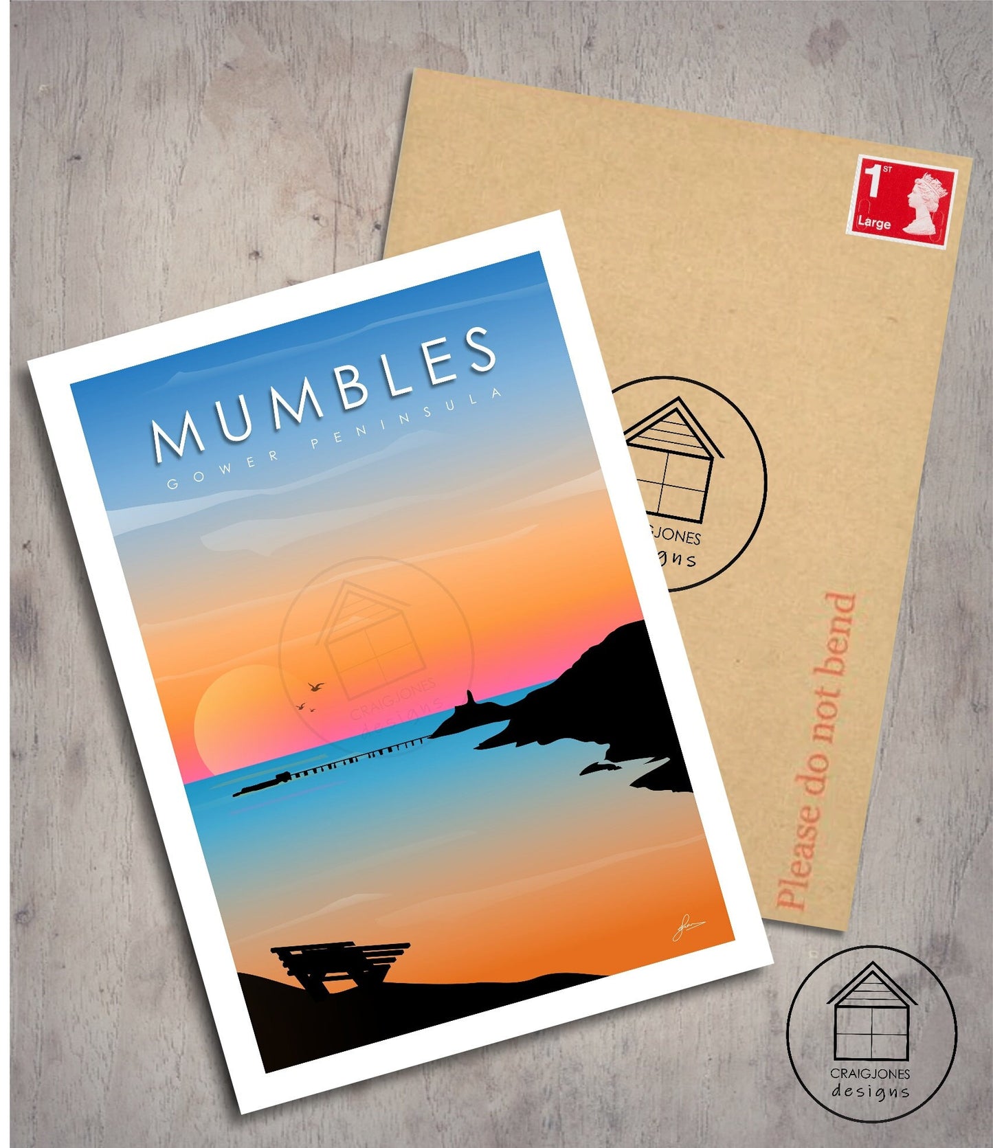 Mumbles bench view, Gower Peninsula Print, Gloss Card, Unframed